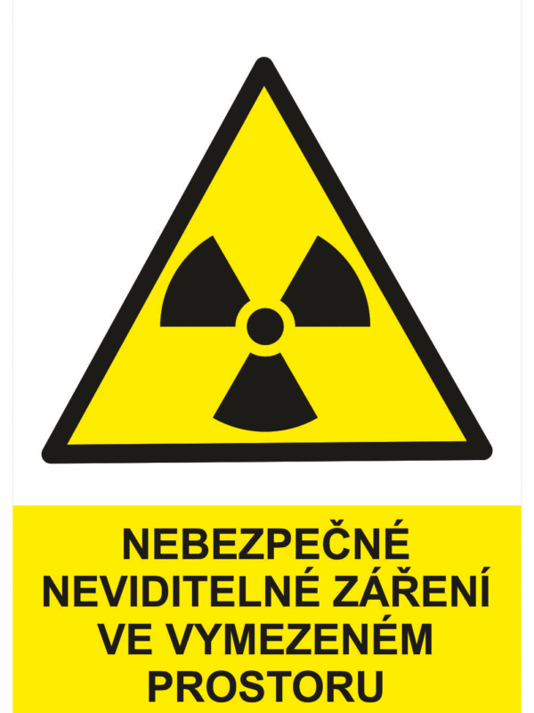 Výstražná bezpečnostní tabulka symbol s textem: "Nebezpečné neviditelné záření ve vymezeném prostoru"