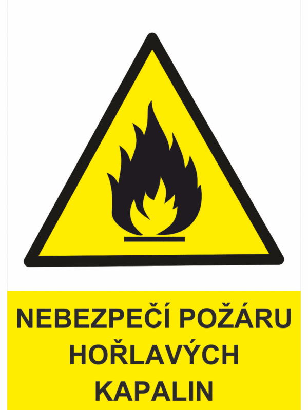 Výstražná bezpečnostní tabulka symbol s textem: "Nebezpečí požáru hořlavých kapalin"