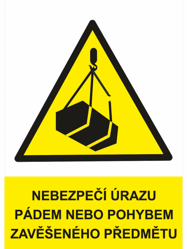 Výstražná bezpečnostní tabulka symbol s textem: "Nebezpečí úrazu pádem nebo pohybem zavěšeného předmětu"