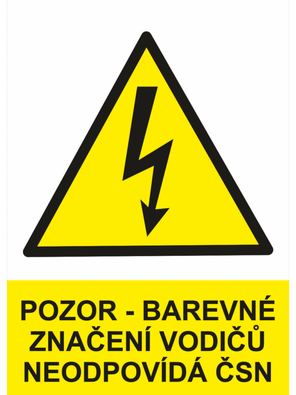 Značení elektro a ESD - Elektro výstrahy: Pozor barevné značení vodičů neodpovídá ČSN