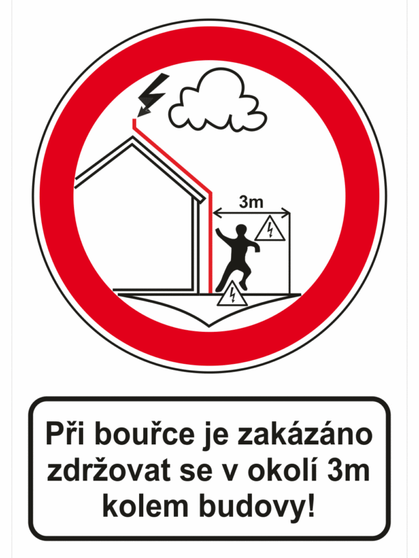 Zákazová bezpečnostní tabulka symbol s textem: " Při bouřce je zakázáno zdržovat se v okolí 3m kolem budovy!"