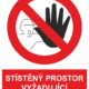 Zákazová bezpečnostní tabulka symbol s textem: "Stísněný prostor vyžadující povolení vstupu"