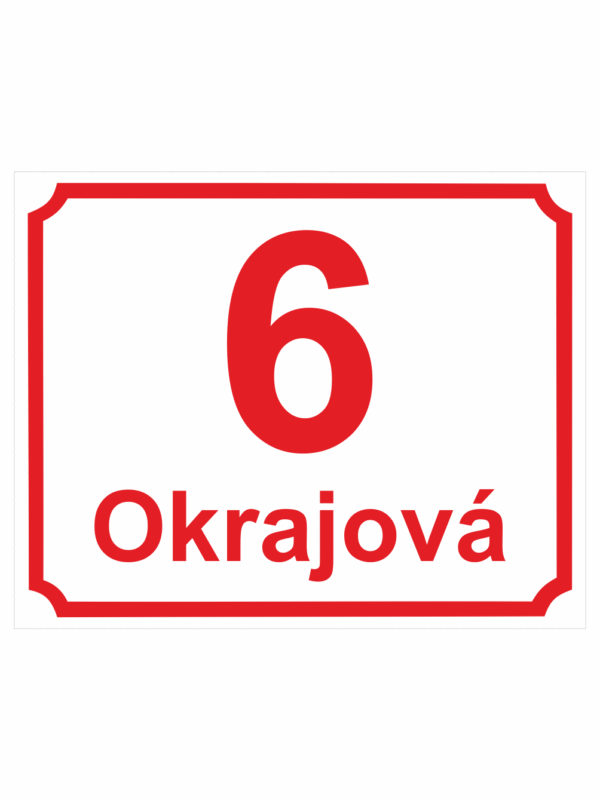 Značení budov - Značení ulic a domů: Číslo orientační, Číslo s textem (Bílé s červeným písmem)