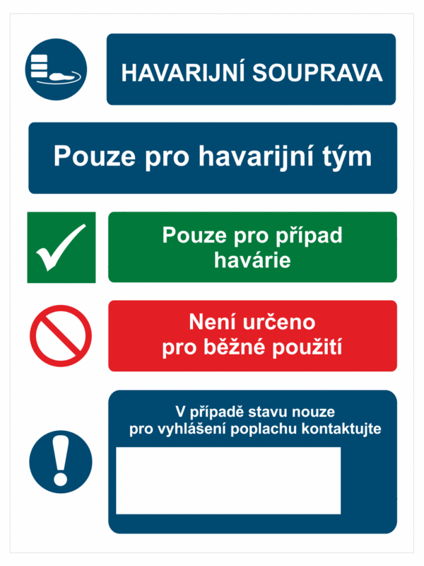 Bezpečnostní kombinovaná tabulka - Havarijní souprava / Pouze pro havarijní tým / Pouze pro případ havárie / Není určeno pro běžné použití