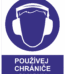 Příkazová bezpečnostní tabulka symbol s textem: "Používej chrániče sluchu"
