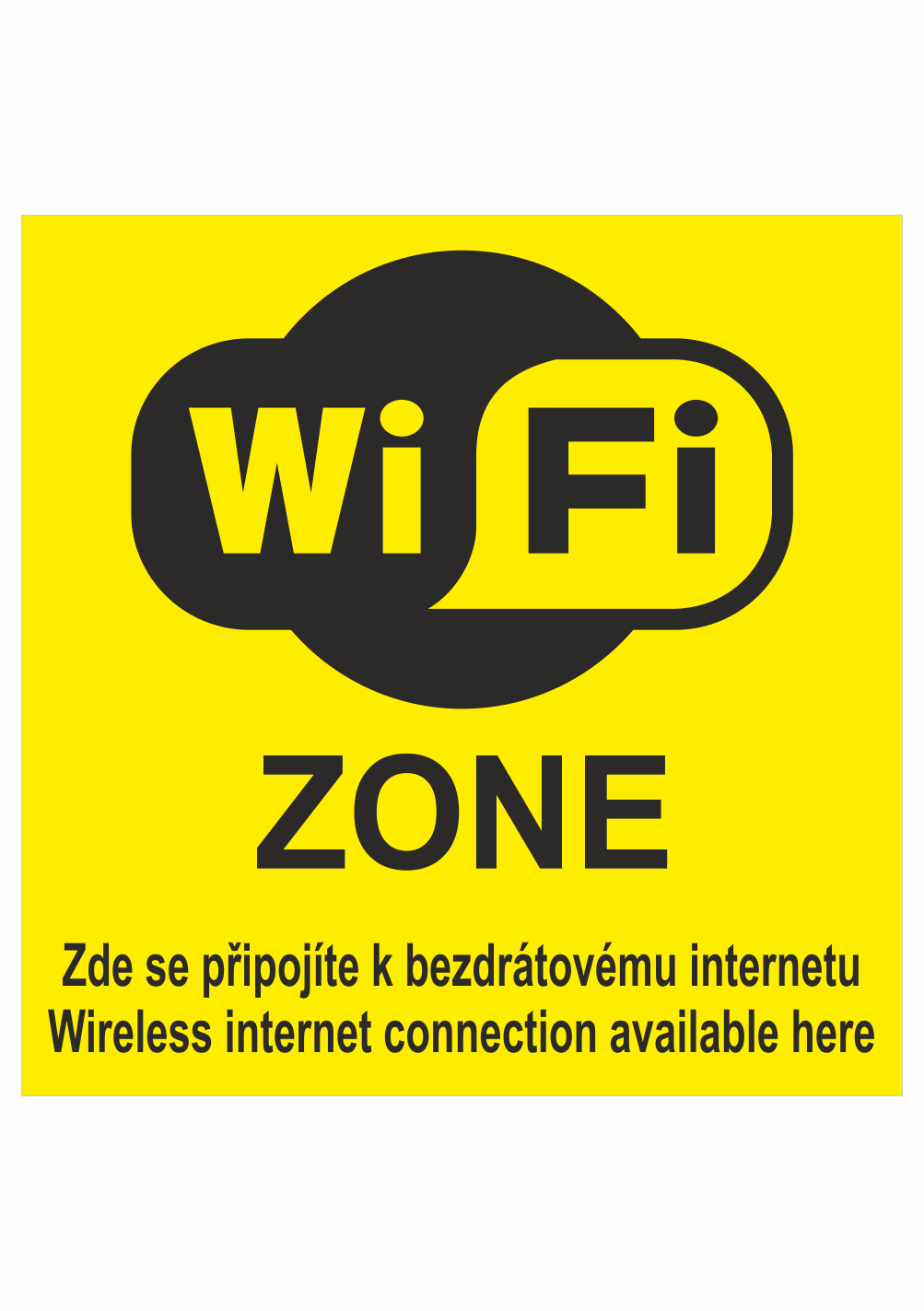 27c003y Značení budov, prostorů a vstupů - Označení wifi připojení: "WIFI ZONE / Zde se připojte k bezdrátovému internetu / Wireless internet connection available here" (Žlutá)