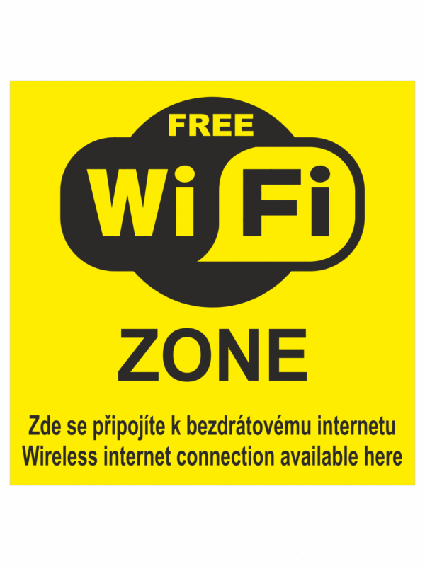 Značení budov, prostorů a vstupů - Označení wifi připojení: "Free Wifi Zone / Zde se připojte k bezdrátovému internetu / Wireless internet connection available here" (Žlutá)