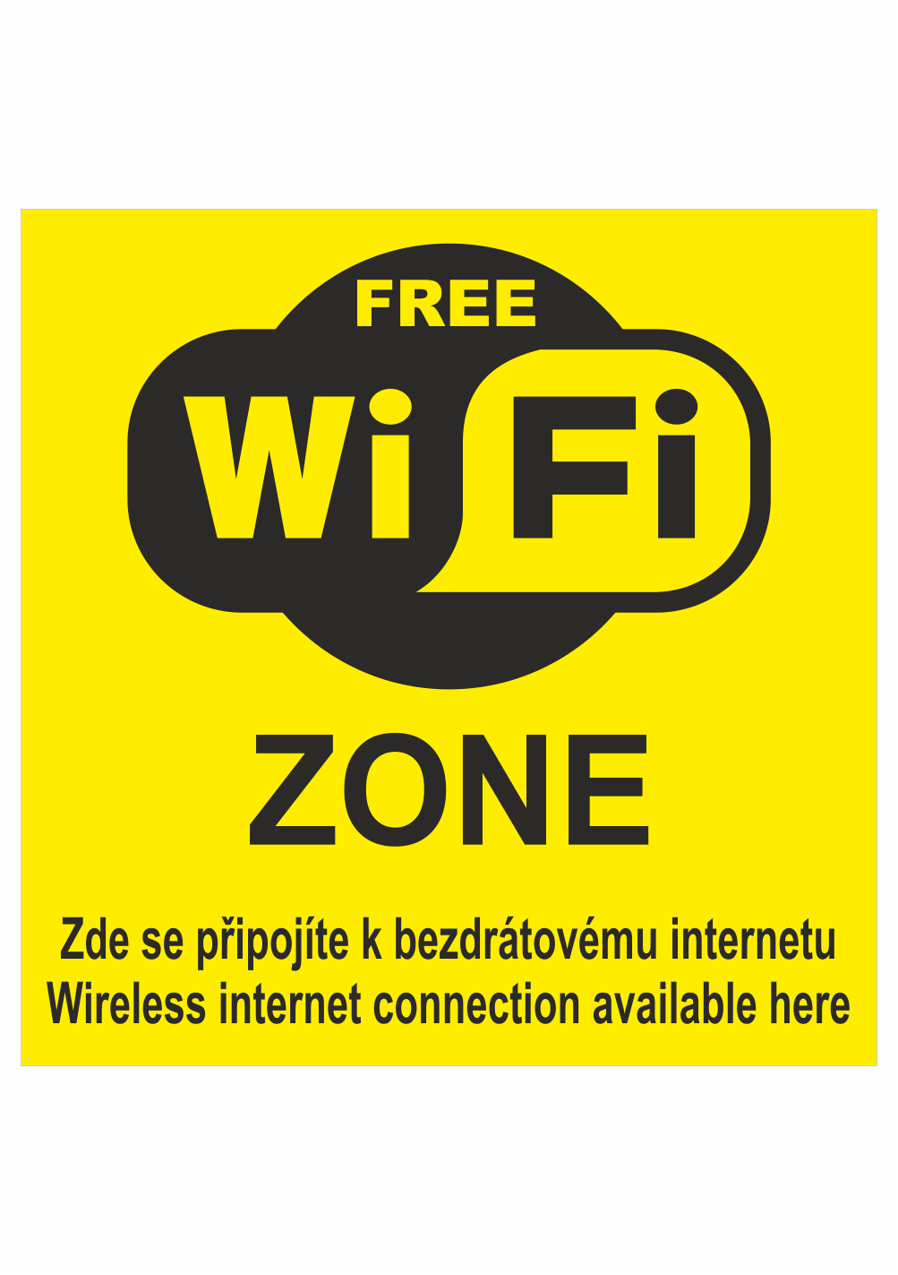 27c004y Značení budov, prostorů a vstupů - Označení wifi připojení: "Free Wifi Zone / Zde se připojte k bezdrátovému internetu / Wireless internet connection available here" (Žlutá)