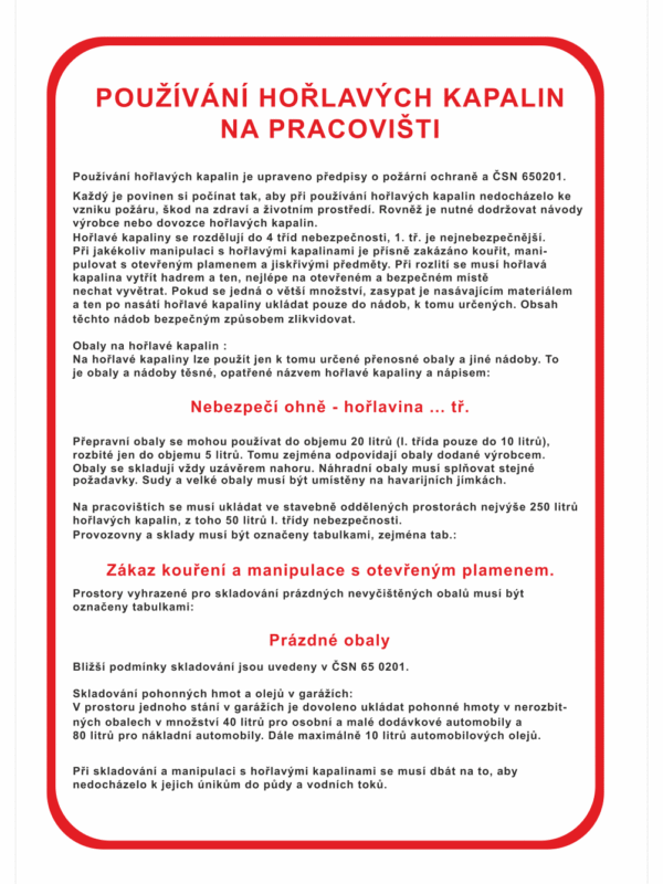 Pravidla bezpečné práce BOZP - Používání hořlavých kapalin na pracovišti