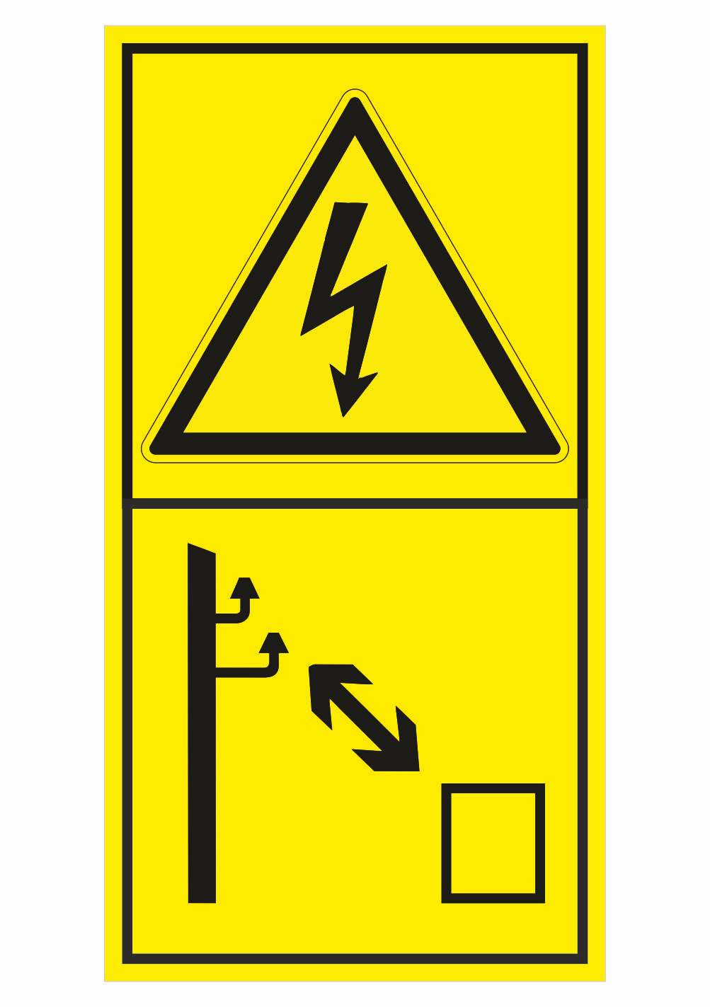 355063 Značení strojů dle ISO 11 684 - Kombinovaný štítek: Pozor elektrické napětí / Dodržujte bezpečnou vzdálenost od rozvodů el. energie (Vertikální)