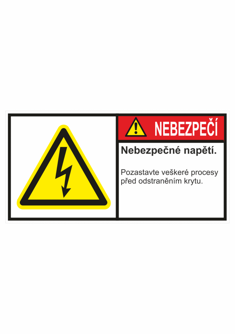 Značení strojů dle ISO 3864-2 - Nebezpečí: "Nebezpečné napětí / Pozastavte veškeré procesy před otevřením krytu"