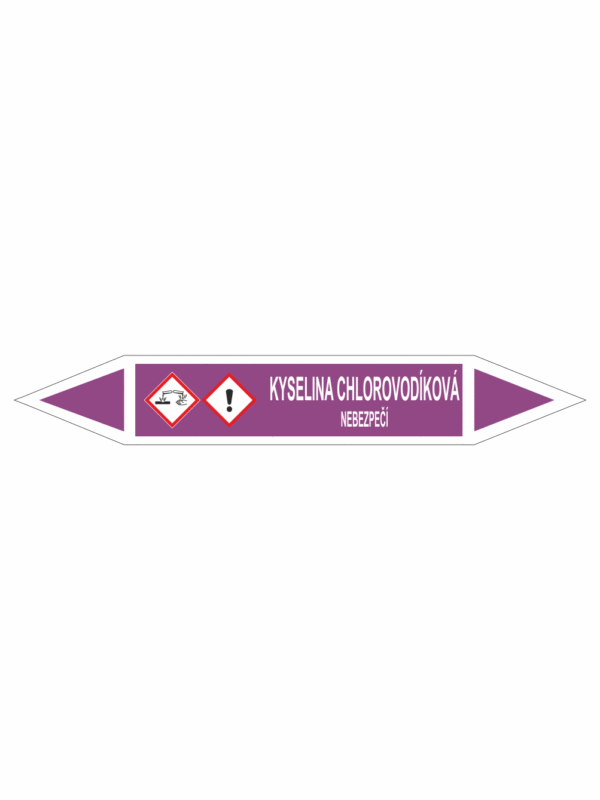 Značení dle ČSN - Oboustranné potrubní šipky se symboly GHS Kyseliny: Kyselina chlorovodíková