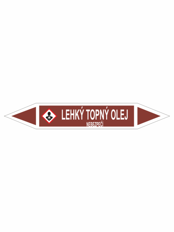Značení dle ČSN - Oboustranné potrubní šipky se symboly GHS Tekutiny: Lehký topný olej