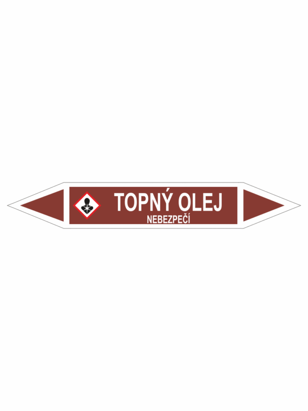 Značení dle ČSN - Oboustranné potrubní šipky se symboly GHS Tekutiny: Topný olej
