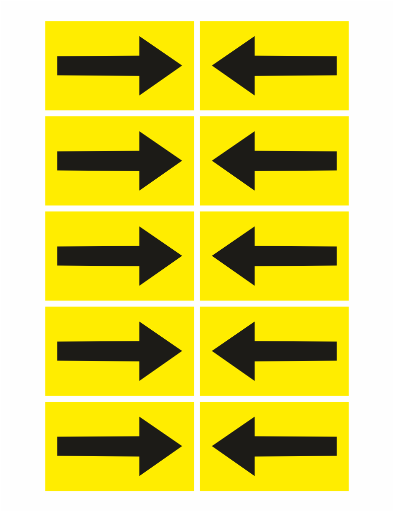 402004-25 Grid of ten yellow panels with black arrows: left column arrows point right, right column arrows point left (5 rows).