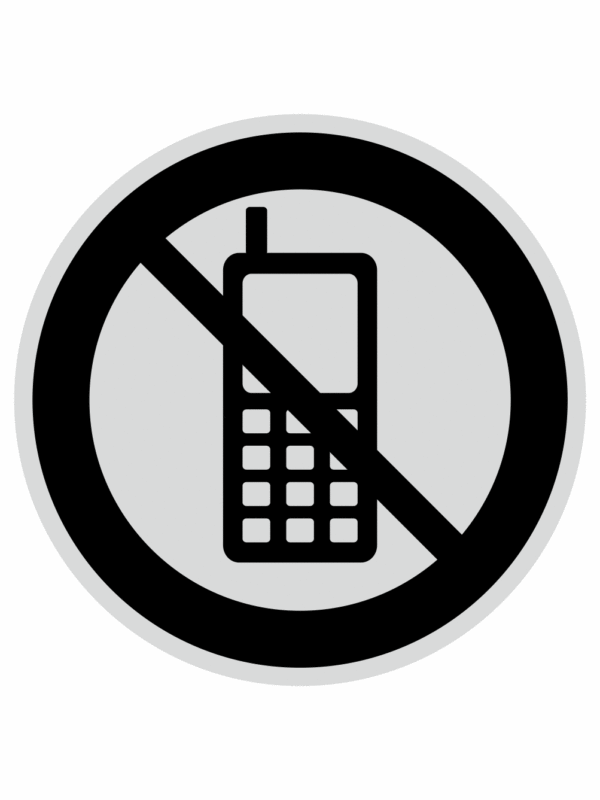Značení budov, prostorů a vstupů - Označení místnosti (Piktogramy): Zákaz mobilů (Stříbrná, Kruh)