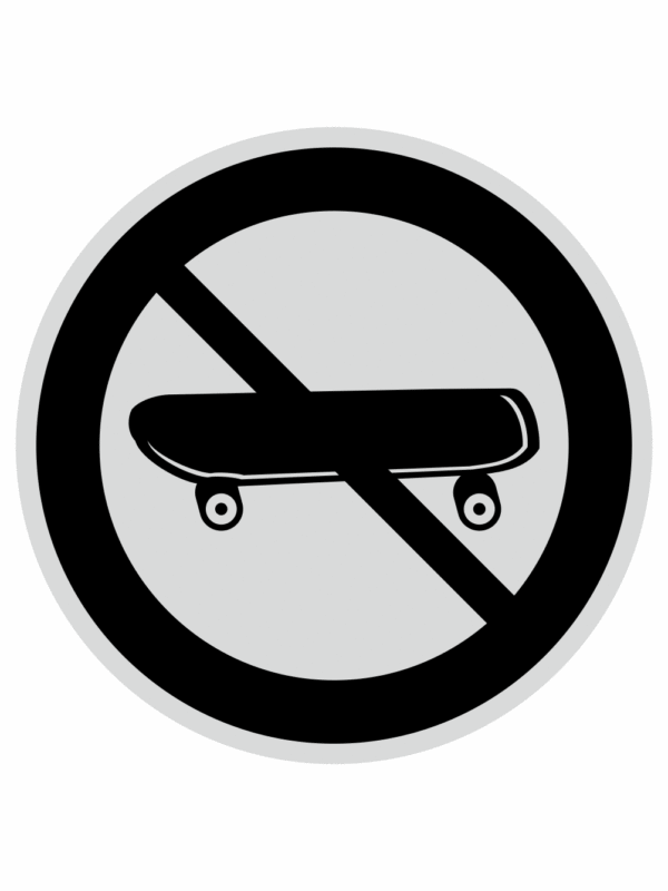Značení budov, prostorů a vstupů - Označení místnosti (Piktogramy): Zákaz skateboardů (Stříbrná, Kruh)