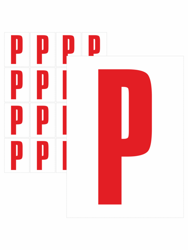 Čísla a písmena - Písmeno na samolepicí fólii PVC s bílým podkladem: P (Červené)