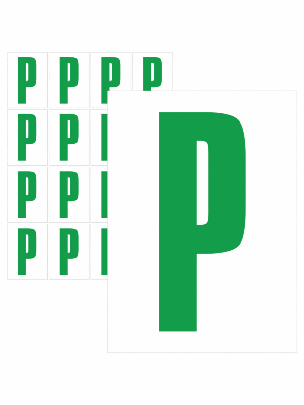 Čísla a písmena - Písmeno na samolepicí fólii PVC s bílým podkladem: P (Zelené)