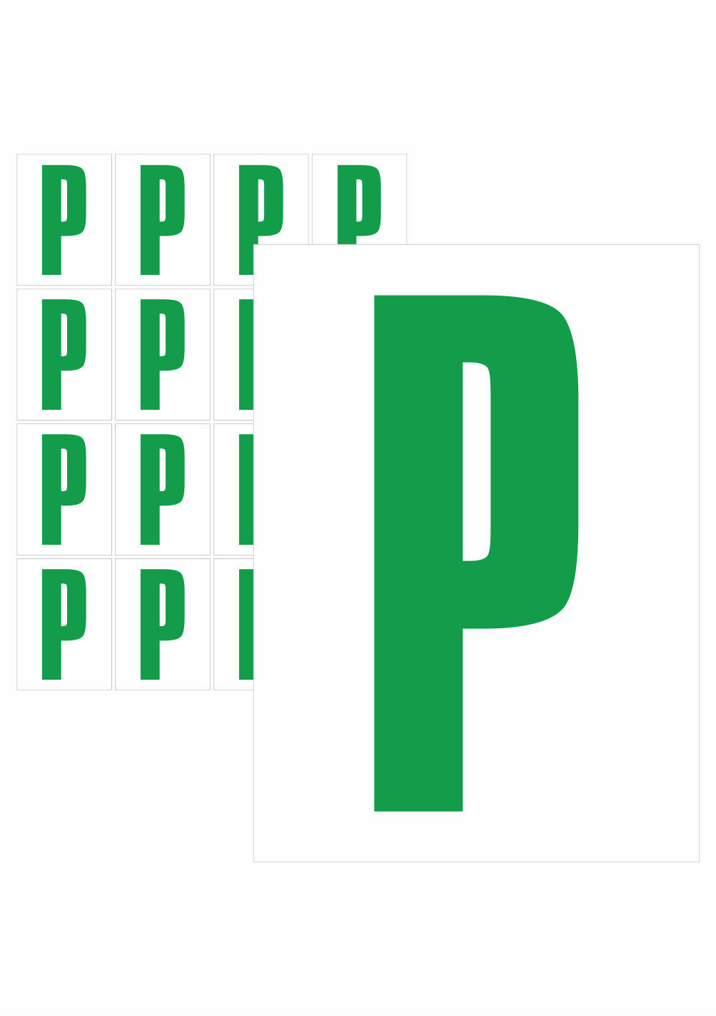 pis416 Čísla a písmena - Písmeno na samolepicí fólii PVC s bílým podkladem: P (Zelené)