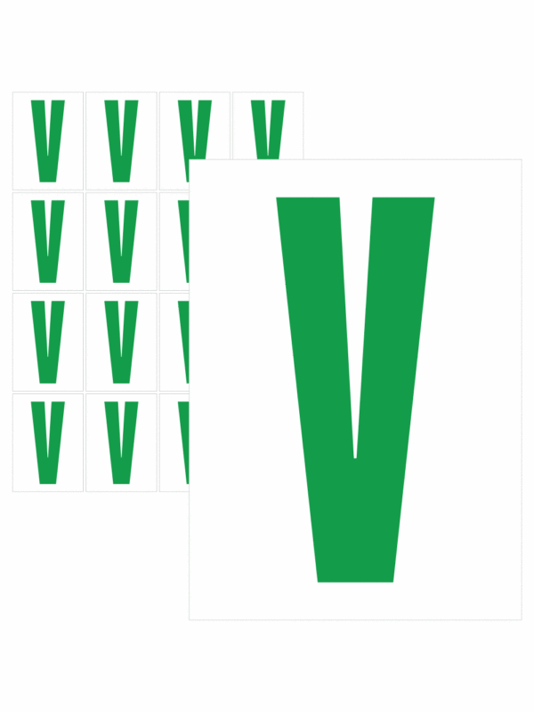 Čísla a písmena - Písmeno na samolepicí fólii PVC s bílým podkladem: V (Zelené)