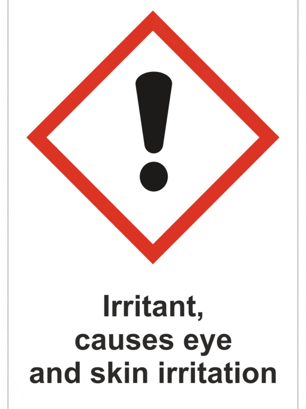 Označenie obalov nebezpečných látok - GHS symboly s textom: Irritant, causes eye and skin irritation