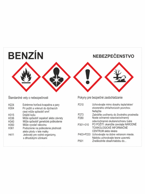 Označenie obalov nebezpečných látok - GHS štítok s názvem: Benzín / Nebezpečenstvo + text