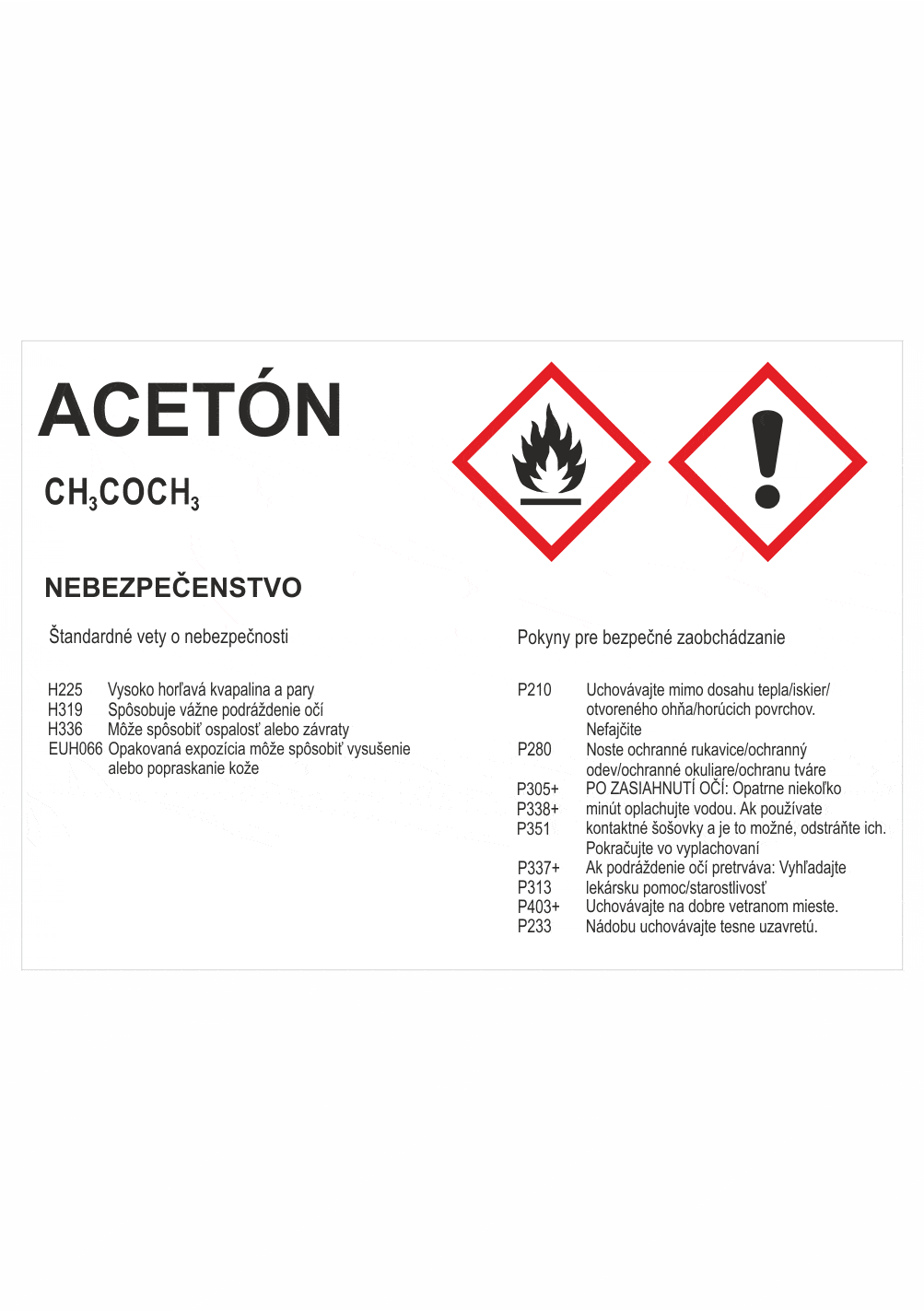 305193 Označenie obalov nebezpečných látok - GHS štítok s názvem: Acetón / Nebezpečenstvo + text