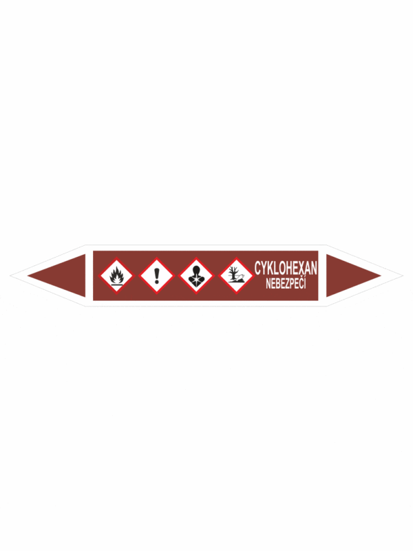 Značenie potrubí - Obojsmerné šípky se symboly: Cyklohexán / Nebezpečenstvo