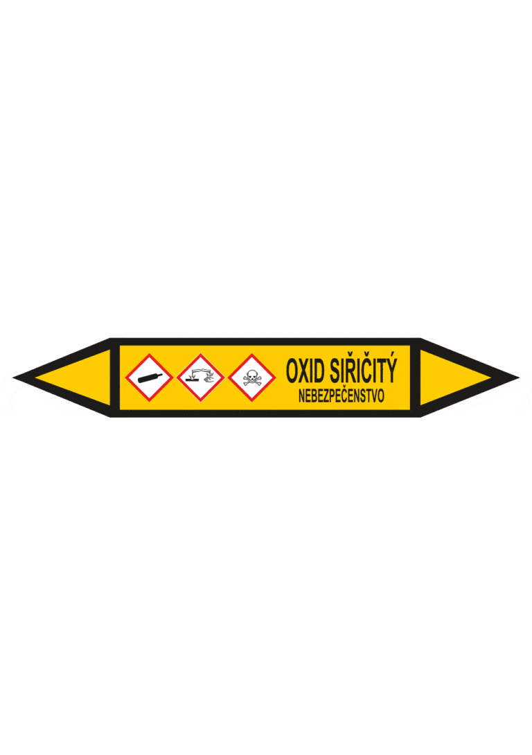 Značenie potrubí - Obojsmerné šípky se symboly: Oxid siřičitý / Nebezpečenstvo