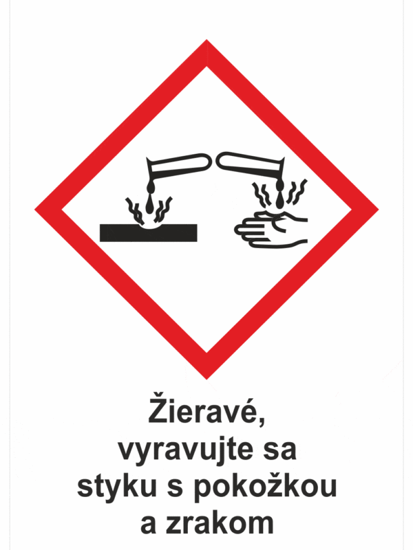 Označenie obalov nebezpečných látok - GHS symboly s textom: Žieravé, vyravujte sa styku s pokožkou a zrakom