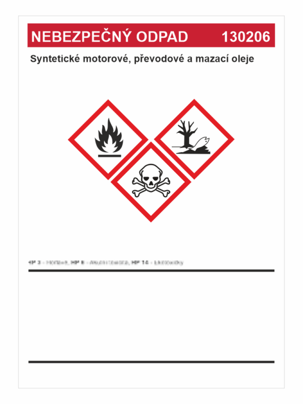 Nebezpečný odpad 130206 Syntetické motorové, převodové a mazací oleje
