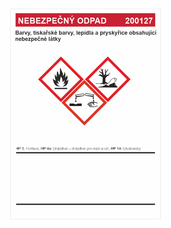 Nebezpečný odpad 200127 -	Barvy, tiskařské barvy, lepidla...