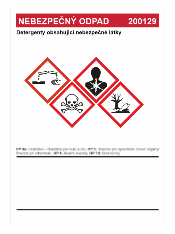 Nebezpečný odpad 200129 -	Detergenty obsahující nebezpečné látky