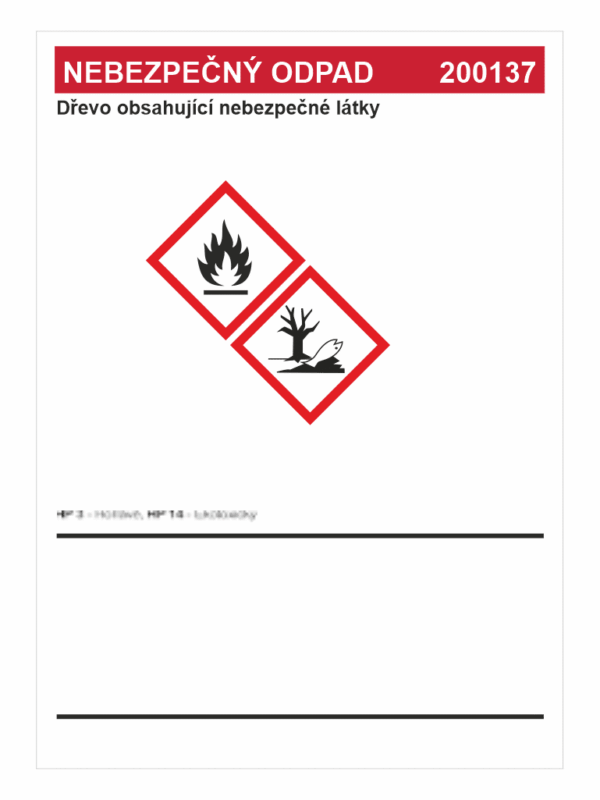 Nebezpečný odpad 200137 -	Dřevo obsahující nebezpečné látky