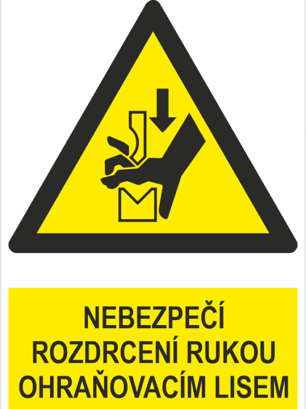 NEBEZPEČÍ Rozdrcení rukou mezi nástroji ohraňovacího lisu - ISO 7010